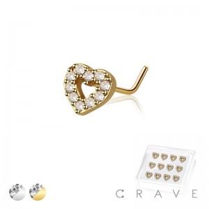 12PCS OF CZ HEART 316L SURGICAL STEEL L-SHAPE NOSE BOX